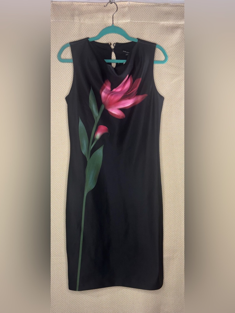 Halston Sleeveless Cowl Neck Black Sheath Dress with Pink Floral Motif - Size 6